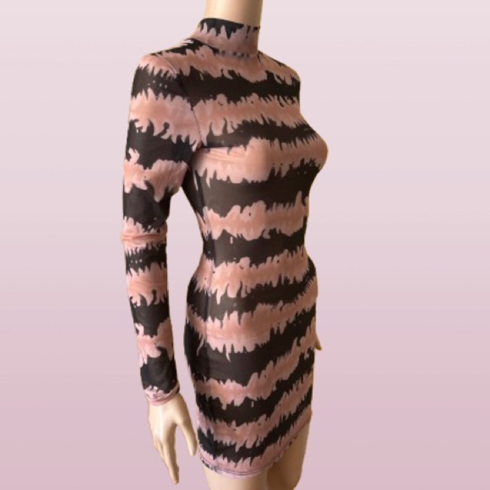 Chic Nude Sheer Mock Neck Bodycon Dress for Cocktail Nights - Picture 1 of 2